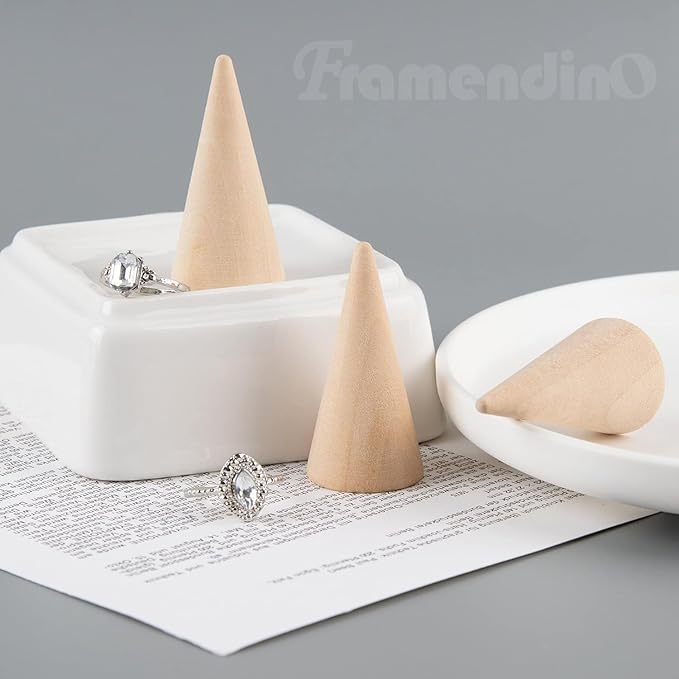 Framendino, 10 Pack Natural Wood Cone Ring HolderJewelry Display Stand Organizer DIY Craft Wooden (Vertical Shaped)