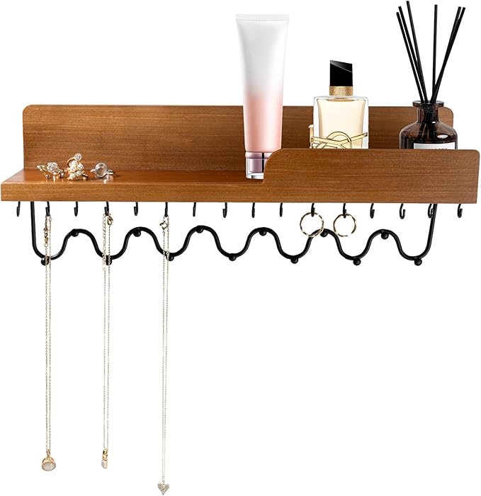 29 Hooks Wall Mount Necklace Holder Organizer, Natural Decorative Wood Jewelry Shelf with Gold Metal Wave Bar and Guardrail for Necklace, Pendant, Chain, Bracelet
