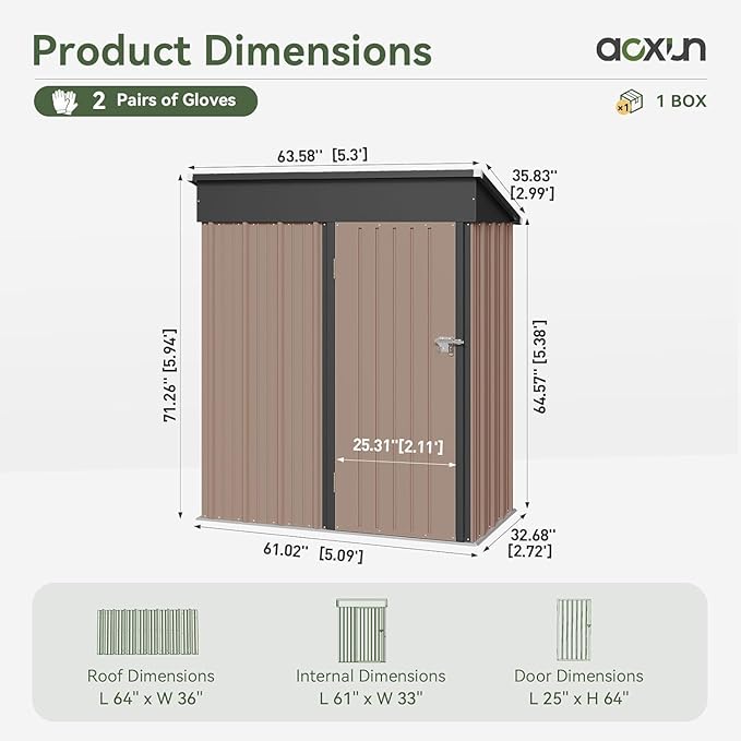 Aoxun 5’ x 2.9’ Shed Outdoor Storage Shed with Base Frame & Lockable Doors & Slooping Roof Metal Garden Tool Shed for Backyard, Patio, Poolside (Brown)