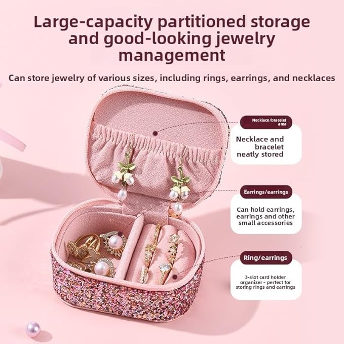 Jinglong Glitter and Sequin Mini Jewelry Box, Portable and Compact, Large Capacity Jewelry Storage Box, Dustproof Travel Jewelry Organizer