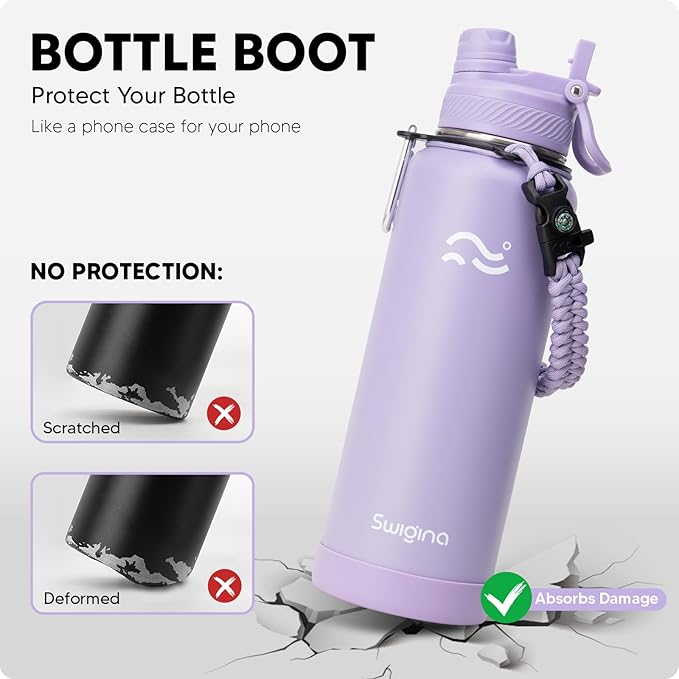 [2-IN-1 LID] Insulated Water Bottle with Silicone Boot (36hrs Cold/18hrs Hot) - DIY Stickers, Leakproof, BPA Free, 40 oz