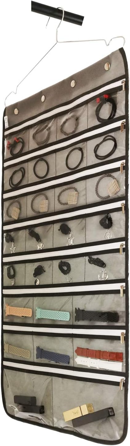 Dual Sided Hanging Jewelry Organizer with Hanger for Closet Necklace Earrings Bracelet Ring Travel Holder (56 Zippered Clear Pockets Grey)