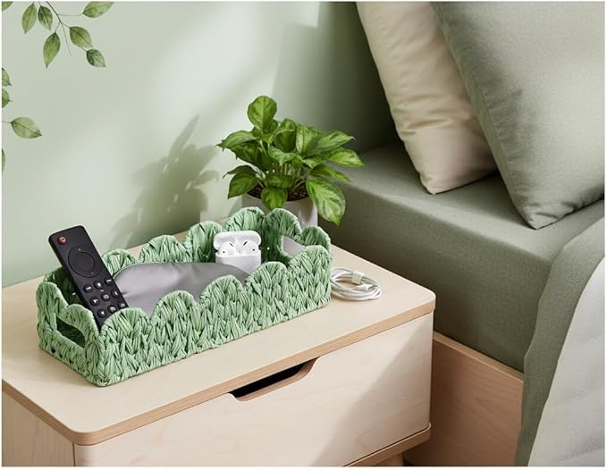 Green Toilet Basket,2 Pack Scalloped Wicker Basket for Shelves,Both Storage and Decor,Small Toilet Paper Baskets for Tank Topper,Countertop,Rectangle