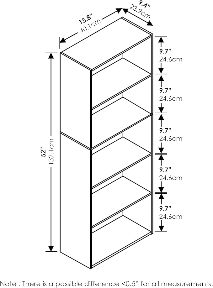 Furinno LUDER Book Shelf, 5-Cube Bookshelf, Bookcase with Open Shelf, 9.4 x 15.8 x 52, for Living Room, Bedroom, Home Office, French Oak