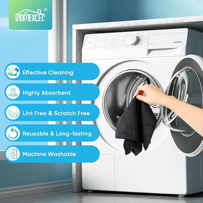 HOMEXCEL Black Microfiber Cleaning Cloth, 12 Pack Premium Microfiber Towels for Cars, Lint Free, Scratch-Free, Highly Absorbent, Reusable Cleaning Rags for Car, Household, Kitchen, Window, 11.5"X11.5"