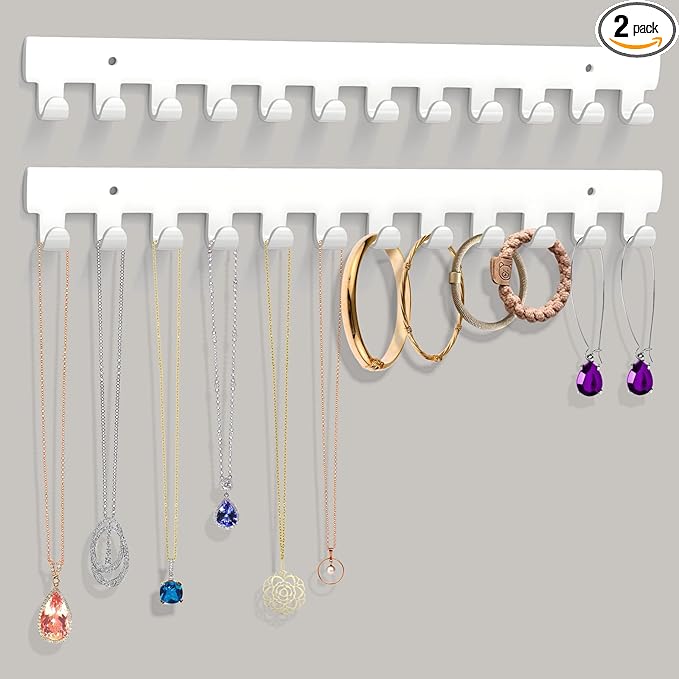 2 Pack Necklace Holder - Hanging Jewelry Organizer, Self-Adhesive, Wall Mount (White)