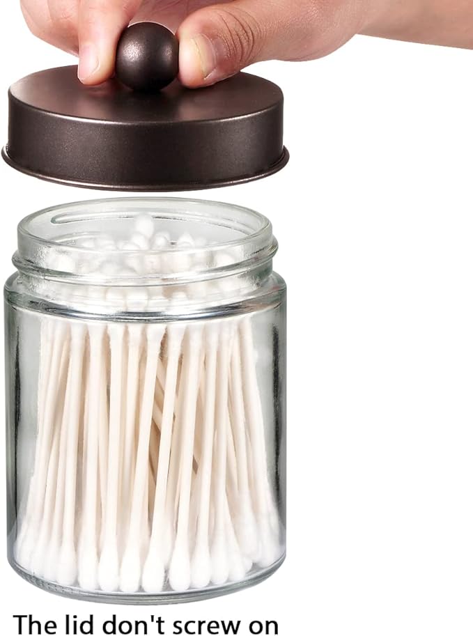 Amolliar 4Pc Apothecary Jars Bathroom Vanity Storage Organizer Set -Countertop Canister with Stainless Steel Lids &Cute Stickers - Qtip Dispenser Holder for Qtips,Cotton Swabs,Makeup Sponges (Bronze)