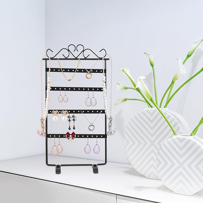 Luxshiny Metal 48-hole Earring Stand Jewelry Display Rack Organizer Black Iron Jewelry Storage Holder for Earrings and Studs Bedroom Accessory Organizer