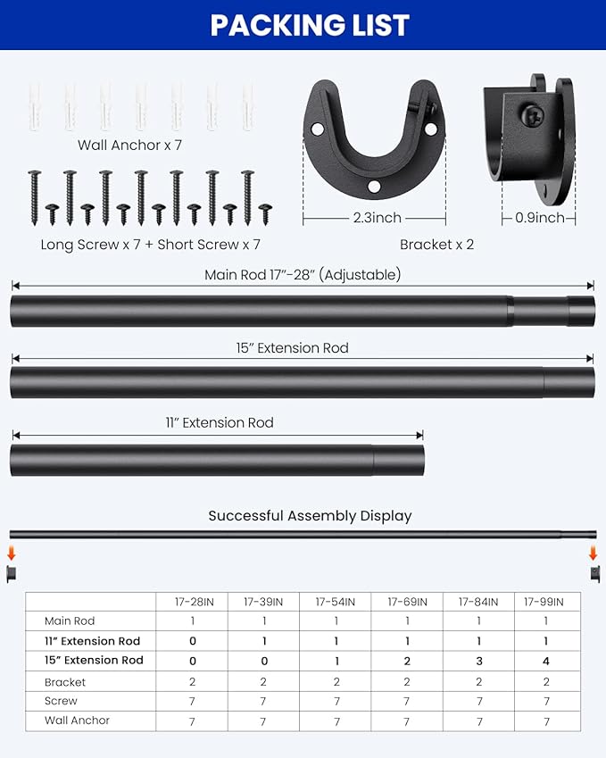 4 PACK Closet Rods for Hanging Clothes, 17 to 28 Inches Stepless Adjustable Metal Closet Rod, 1.3 Inches Heavy Duty Clothes Hanging Rod for Closet Wardrobes Laundry RV, Black