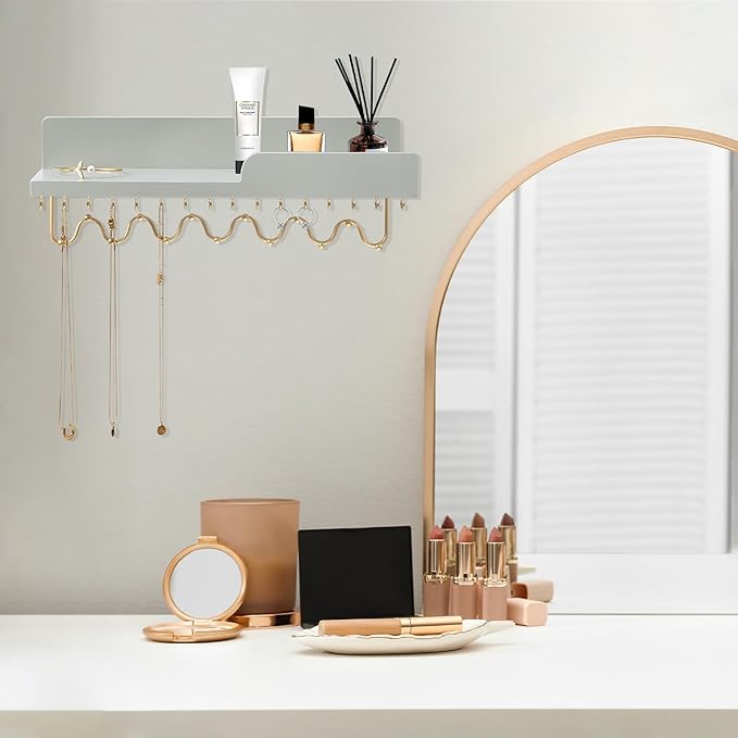 29 Hooks Wall Mount Necklace Holder Organizer, Gray Decorative Wood Jewelry Shelf with Gold Metal Wave Bar and Guardrail for Necklace, Pendant, Chain, Bracelet