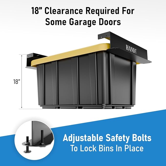USA Based Overhead Garage Storage Rack, Connectable Heavy Duty Metal Ceiling Rails Garage Storage Organization Shelving System, Hanging Racks Tote Containers, Supports Up To 1 Bin, 1 Set Black
