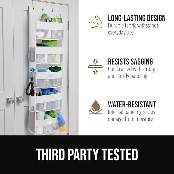 GORILLA GRIP Over The Door Organizer Storage, 5 Deep Hanging Shelves, Holds 50lbs, Closet Organizers Shelf for Bedroom, Bathroom, Nursery, Dorm Essentials, 3 Metal Hooks, 58x15 Inches, White