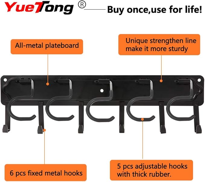 YueTong All Metal Garden Tool Organizer,Adjustable Garage Wall Organizers and Storage,Heavy Duty Wall Mount Holder with Hooks for Broom,Rake,Mop,Shovel.(3 Pack)