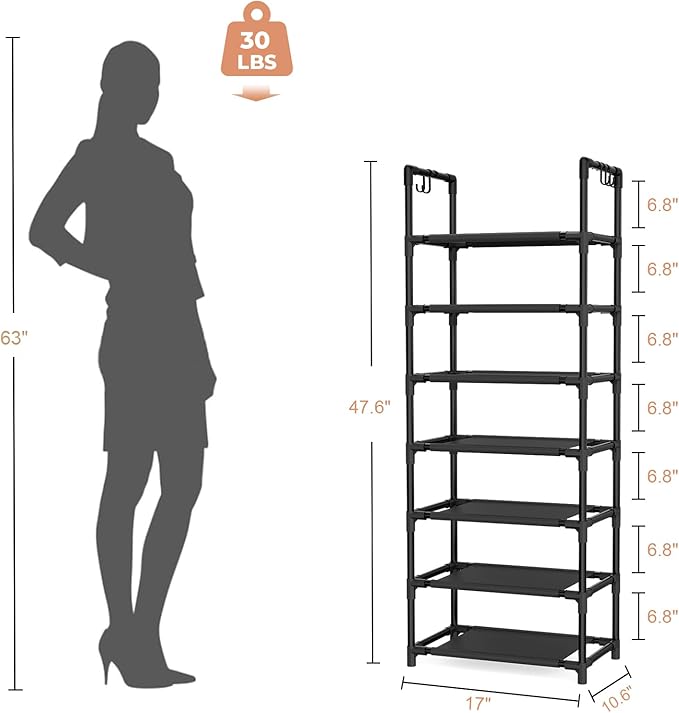 7 Tiers Shoe Rack 18-20 Pairs Boots Organizer Storage Sturdy Narrow Shoe Shelf for Entryway, Closets with Hooks, Black