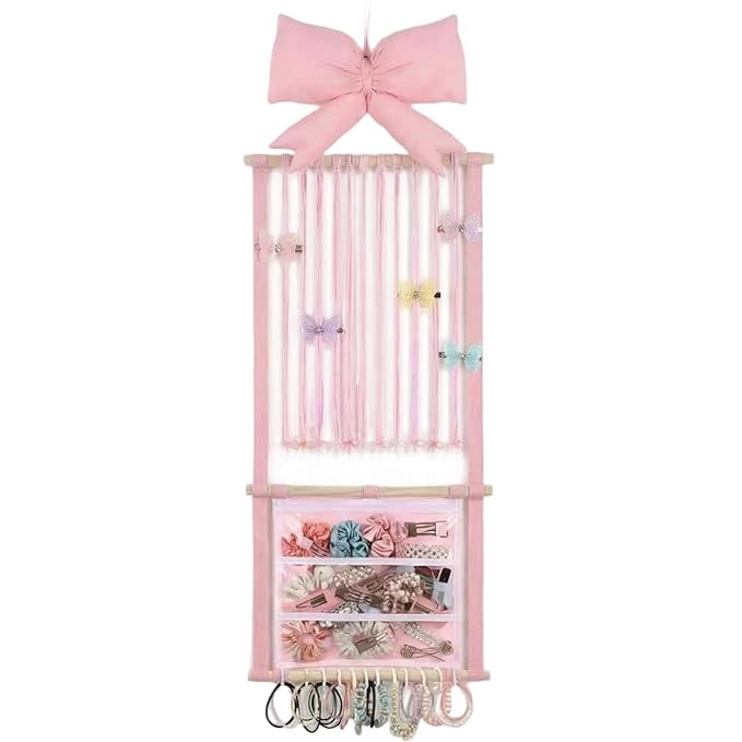 Hair Clip Organizer - Pink Bow Mesh Bag Wall Mount - Hair Clip Storage Wall Hanger - for Women Teen Girls Door Closet Bedroom Living Room Home Decor Apartment