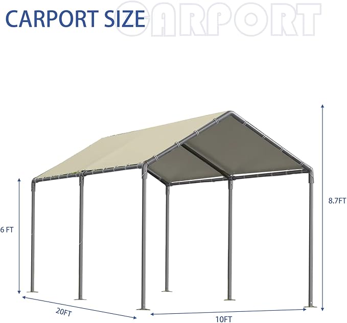 Carport 10x20 Ft Heavy Duty Canopy Steel Canopy Storage Shed,Portable Party Tent,Portable Garage All-Season Tarp for Carport Floor Fixing Beige