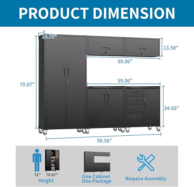 Garage Storage Cabinets System 5 PCS Workshop Set with Drawers Locking Heavy Duty Rolling Cart with Adjustable Shelves Garage Tool Workbench Cabinets (5 PCS-1, Black)