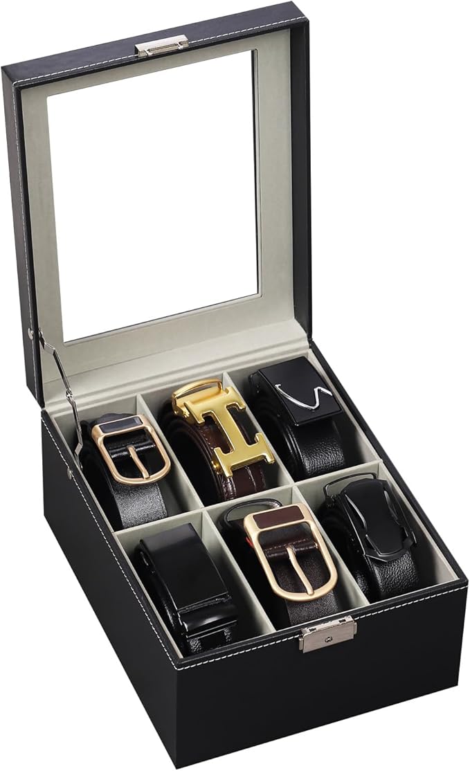 AUTOARK PU Leather Belt Organizer with 6 Compartments & Transparent Glass Top,Compact Storage for Belts,Ties,and Accessories,Perfect for Men, Women,and Home Organization,MKAW240
