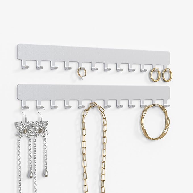 Necklace Holder - Hanging Jewelry Organizer, Self-Adhesive, Wall Mount, 2 Pack, Painted Silver