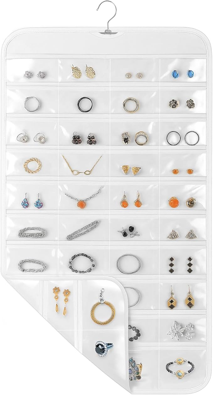 Hanging Jewelry Organizer for Closet with Swiveling Hanger, 17 x 30 In, 80 Clear Pockets Jewelry Organizer Hanging for Jewelries, Earrings, Accessories (Beige) (1, White)