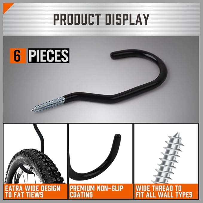 HORUSDY 6-Pack Heavy Duty Garage Storage Hooks, 6" Utility Wall Hooks for Tools, Ladders, Bikes, Hoses & Cords – Steel Garage Organizer Hooks for Wall Mount Storage Systems