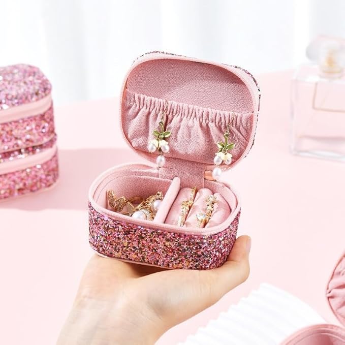 Jinglong Glitter and Sequin Mini Jewelry Box, Portable and Compact, Large Capacity Jewelry Storage Box, Dustproof Travel Jewelry Organizer
