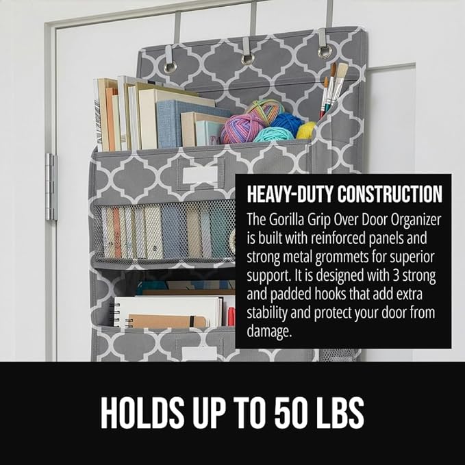 GORILLA GRIP Over The Door Organizer Storage, 5 Deep Hanging Shelves, Holds 50lbs, Closet Organizers Shelf for Bedroom, Bathroom, Nursery, Dorm Essentials, 3 Metal Hooks, 58x15 Inches, Quatrefoil
