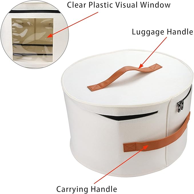 Large Hat Storage Box for Women & Men, 16" D x 10" H Hat Box Organizer，Foldable Round Travel Hat Boxes with Dustproof Lid, Stuffed Toy Storage Bin Bag (Off-white)