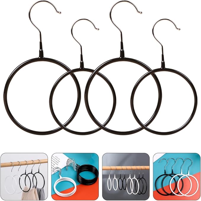 4pcs Metal Scarf Organizer Rings Set with Plastic Coating, Small and Large Black Scarf and Tie Holder for Closet Storage and Clothing Accessory Organization