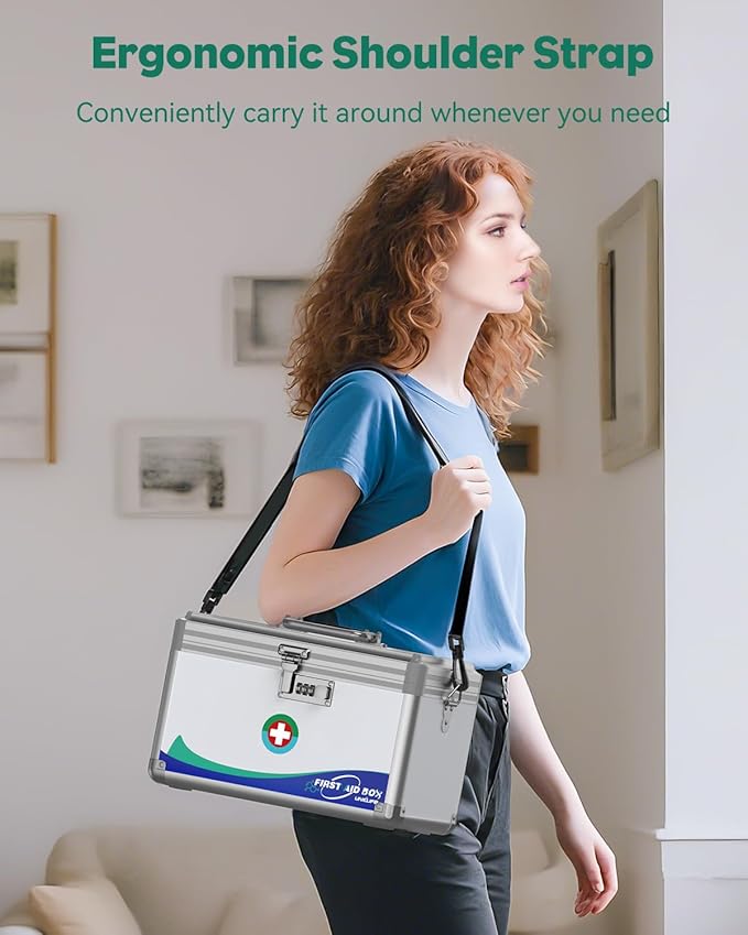 Uniclife Medicine Lock Box First Aid Box with Combination Lock, Handle & Shoulder Strap, Portable Medication Lock Box, 12" x 7" x 7.5" Silver Aluminum Alloy Storage Box
