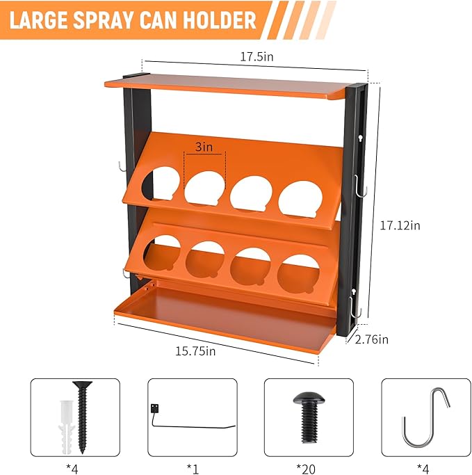 Spray Bottle Holder Wall-Mounted, Aerosol Spray Can Holder, Heavy Duty Paint Bottle Organizer with 8 Can Holes 80 LBS, Utility Storage Rack with Paper Towel Holder for Garage, Shop or Tool Trailer