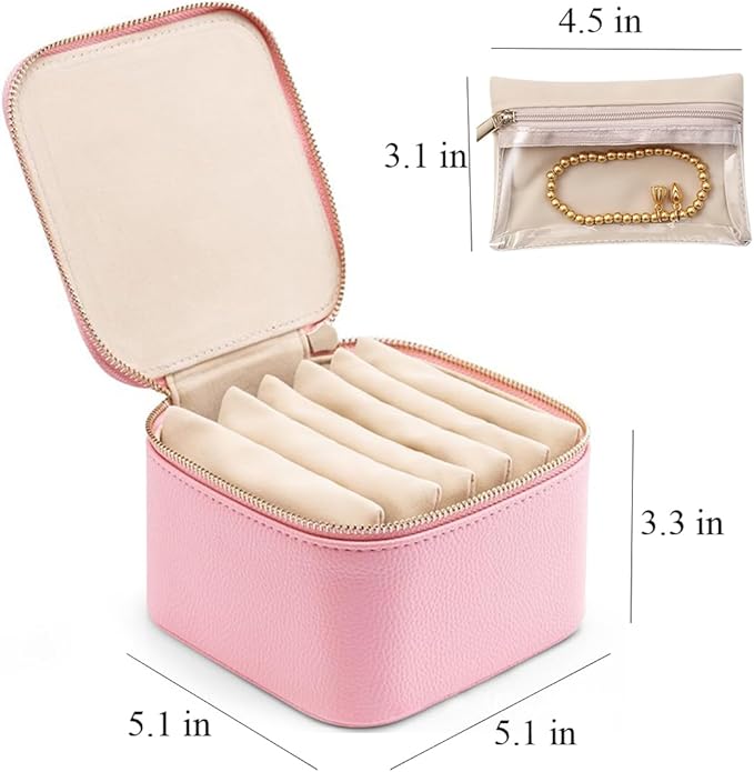 Leather Jewelry Boxes for Travel, leather jewelry travel case, small jewelry pouchs zipper for women, travel jewelry bag organizer (Beige)