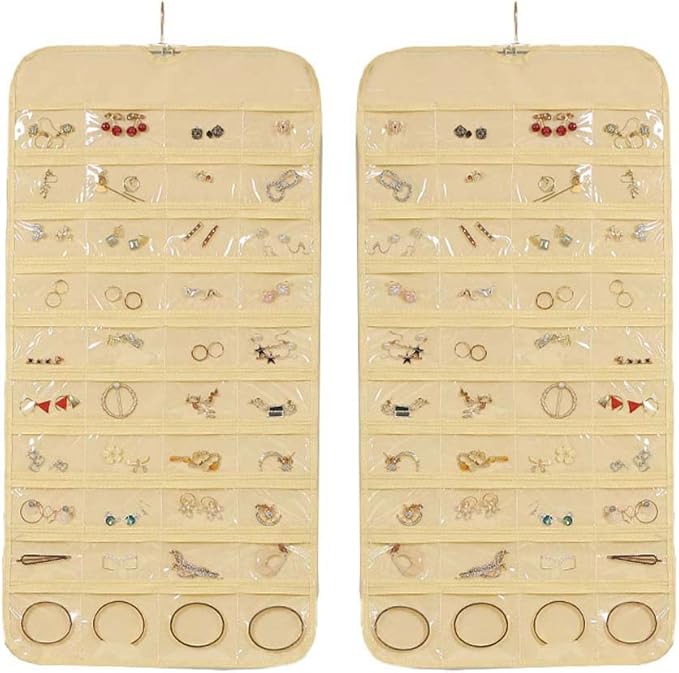Hanging Jewelry Organizer, 80 Pockets Earring Holder Organizer, Bracelet Organizer with Pockets for Hanging Earrings, Necklaces,Rings, Storage, Closet(beige)