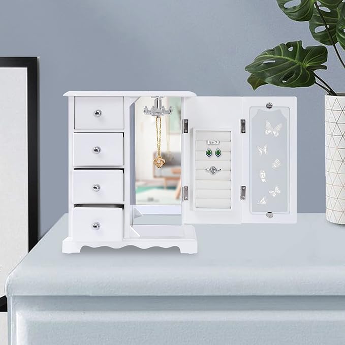 Jewelry Box,Solid Wood with 4 Drawers Organizer and Built-in Necklace Carousel and Large Mirror Jewelry Box, Moderne Makeup and Accessories Organizer Girls Ring Storage,White