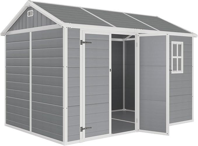 10.5 x 7.6 x 7.5 ft Outdoor Resin Storage Shed with Floor, Windows & Air Vents, Large Waterproof Tool Shed for Garden,Backyard,Lawn Equipment & Bikes,Grey