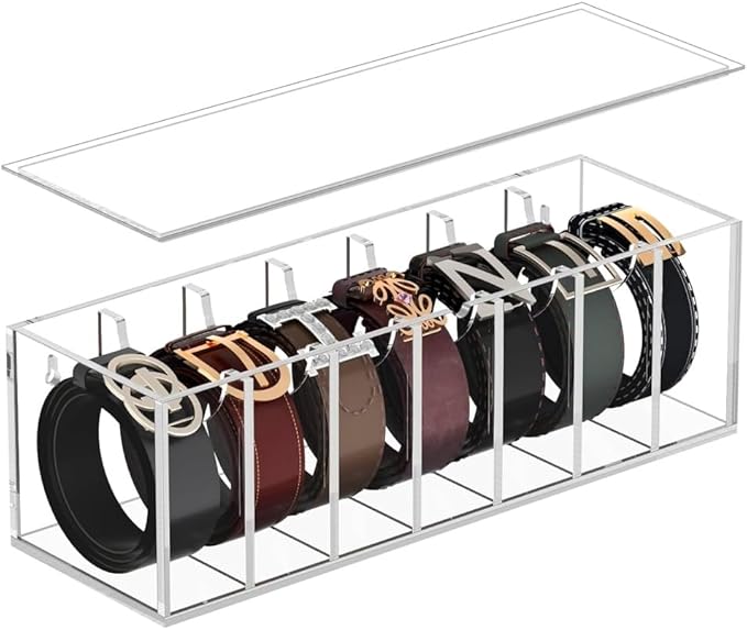 Acrylic Belt Organizer for Closet - 7 Compartments With Dust Cover Transparent Storage Holder | Display Case for Makeup, Jewelry, Watches, Bow Tie, & Bracelets | Multipurpose Clear Containers