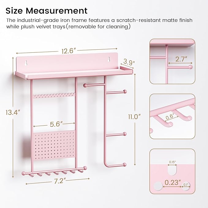 Wall Mounted Jewelry Organizer with Shelf: Metal Display Stand with Velvet Pad, Multi-Layer Necklace Hanging Rack for Bedroom Bathroom Space Saving No-Drill Wall Decor