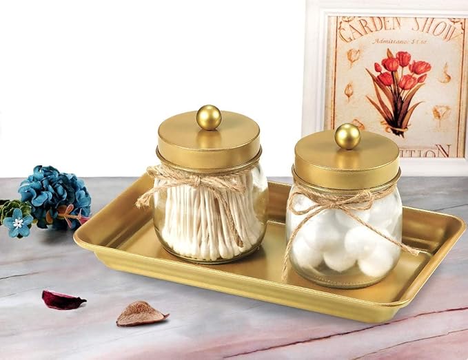 Vintage Farmhouse Decor Metal Vanity Tray (1 Pack), Countertop Guest Hand Towel Storage Tray Dispenser Organizer, Sturdy Bathroom Holder for Perfume, Cosmetics, Jewelry, Makeup (Gold