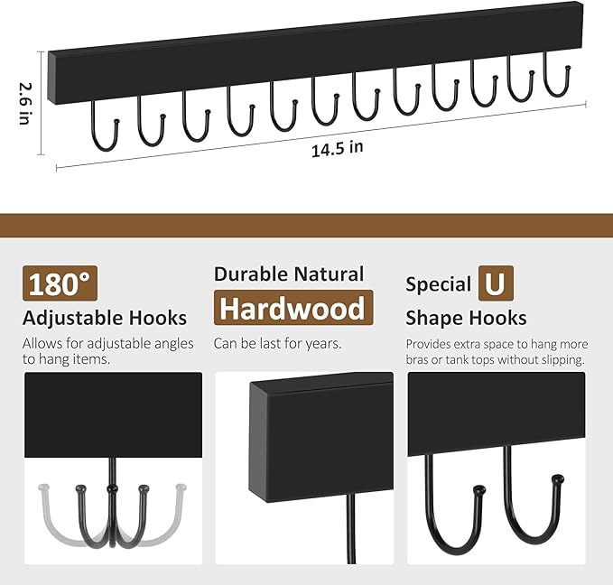 ZEDODIER Necklace Organizer Wall Mount, Wooden Self-Adhesive Jewelry Hanger with 12 Adjustable Hooks, Hanging Holder for Necklace, Belts, Tank Tops, Bras, Black