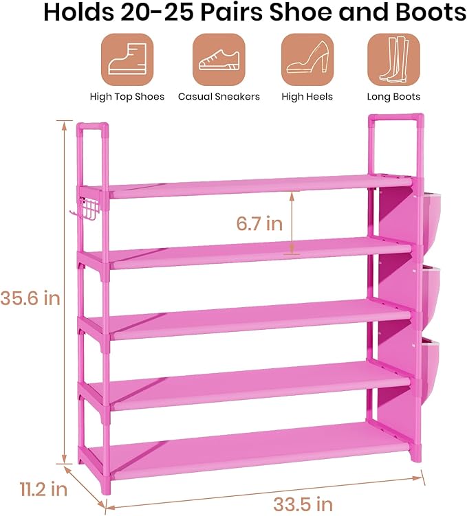Shoe Rack for Closet Shoe Organizer Space Saver Storage for 20-25 Pair Shoe Shelf with Hook and Side Pocket Free Standing 5 Tier Shoe Rack Organizer for Entryway,Small Spaces, Pink
