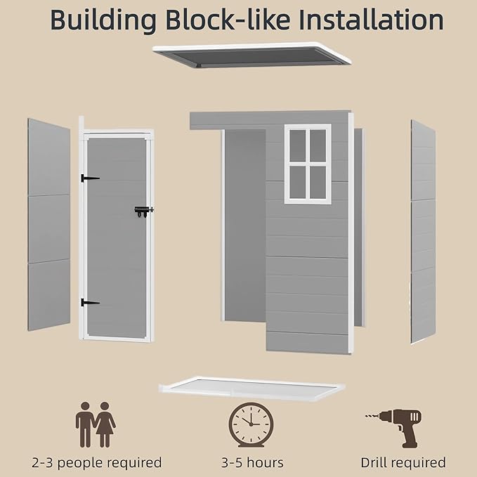 Gizoon 5x3 FT Resin Outdoor Storage Shed, Weather-Resistant Plastic Garden Tool Shed with Floor and Lockable Door for Backyard, Patio, Lawn, Grey
