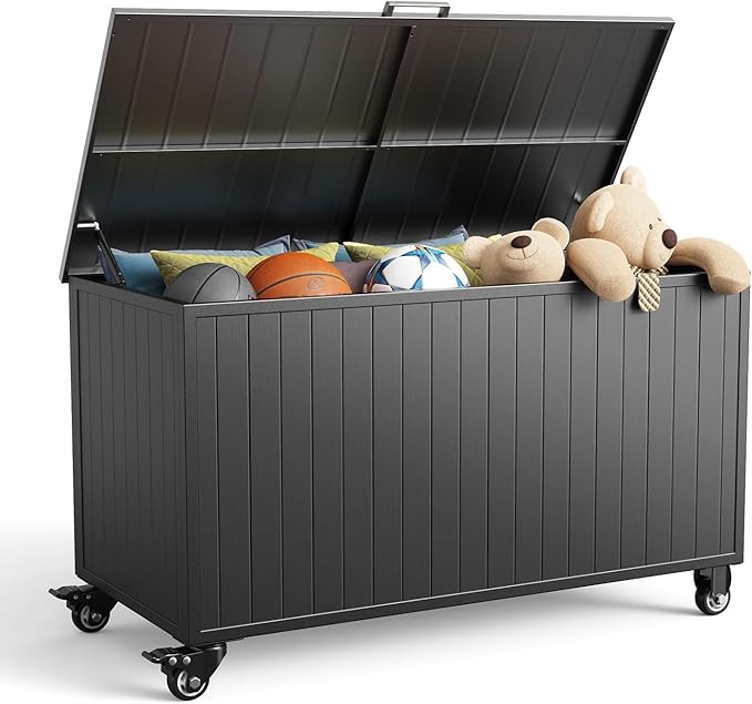 Outdoor Storage Box with Wheels 150 Gallon, Metal Deck Boxes Waterproof, UV Resistant Patio Storage Box with Lid for Patio Furniture, Garden Tools (Black)