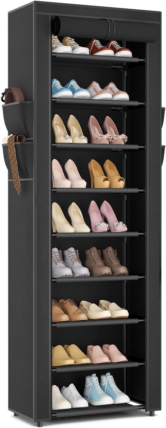 Narrow Shoe Rack with Cover 10 Tier Tall Shoe Rack Organizer Large Capacity Shoe Shelf Storage 18-22 Pairs Space Saving Free Standing Shoe Storage Organizer for Closet, Entryway, Dorm, Black
