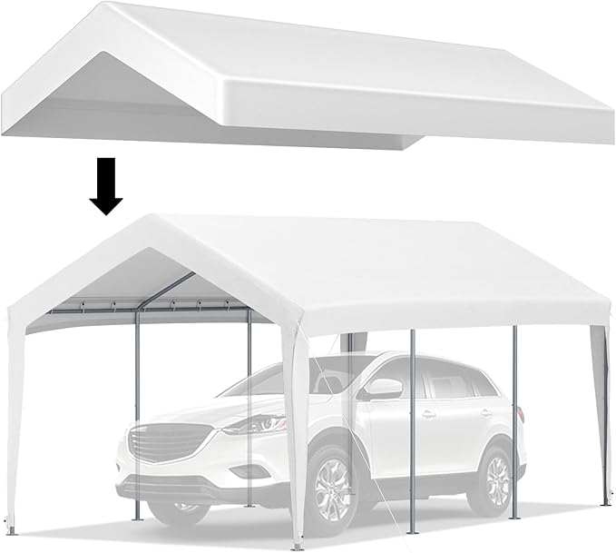 VEVOR Carport Replacement Canopy Cover, 10 x 20 ft, Ripstop Triple-Layer PE Fabric Garage Top Tarp Shelter Cover, UV Resistant Waterproof Car Cover Tent for Carports (Frame is not Included), White