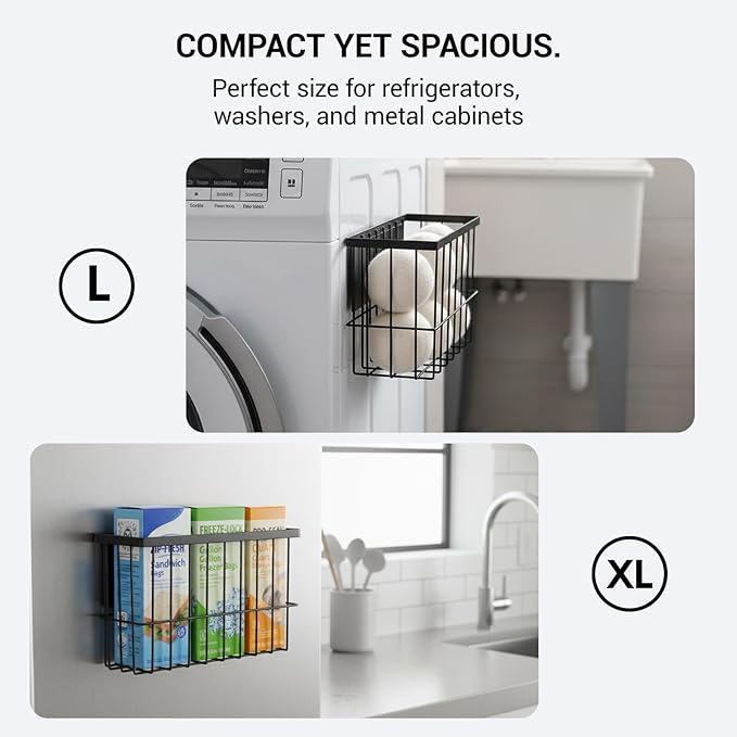 2 Pcs Magnetic Basket Fridge Dryer Ball Holder for Laundry Room Organization and Storage, Magnetic Lint Bin Home Organization for Laundry Room, Kitchen & Office Class School (Black, L&XL-2pcs)