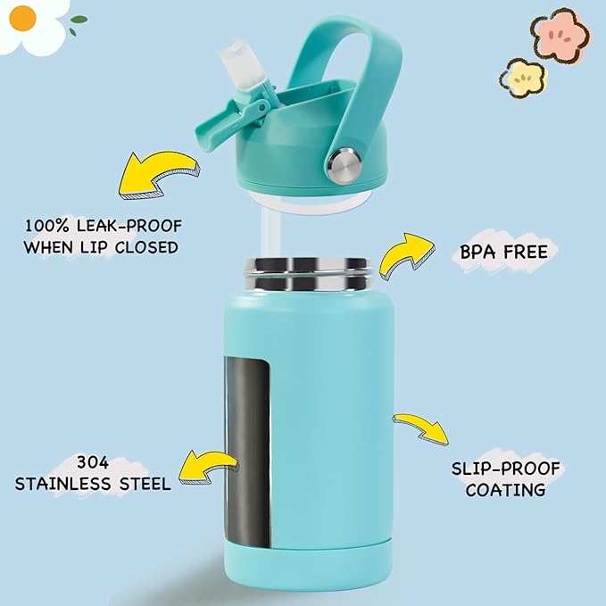 Kerilyn 12oz Kids Water Bottle, Stainless Steel Insulated Water Bottle for Kids, Toddler Cup With Straws Leak-proof, Toddler Water Bottles for School Boys Girls, BPA Free, Green