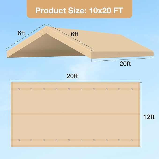 10x20 FT Carport Replacement Canopy Top Upgraded Car Port Canopy Cover for Carport Party Tent Waterproof & UV Protected, Easy Installation with Ball Bungees, Beige (Top Cover Only, Frame Not Included)