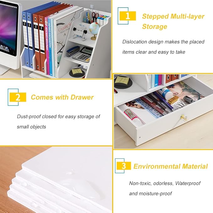 Desk Organizer with Pen Holder, DIY White Office Stationery Desktop Storage Holder Sorter with Drawer for Home, Office and School (PB04)