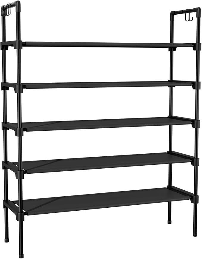 5 Tier Shoe Rack for Closet Shoe Organizer with 5 Hooks, Long Shoe Shelf Storage for Shoe and Boot Stackable Free Standing Shoe Rack for Entryway, Garage, Small Spaces, Dorm, Black