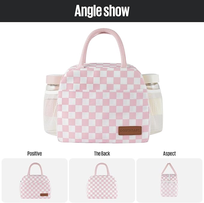 Lunch Bag Women/Men Lunch Box Women/Men (Pink+White Checkerboard)
